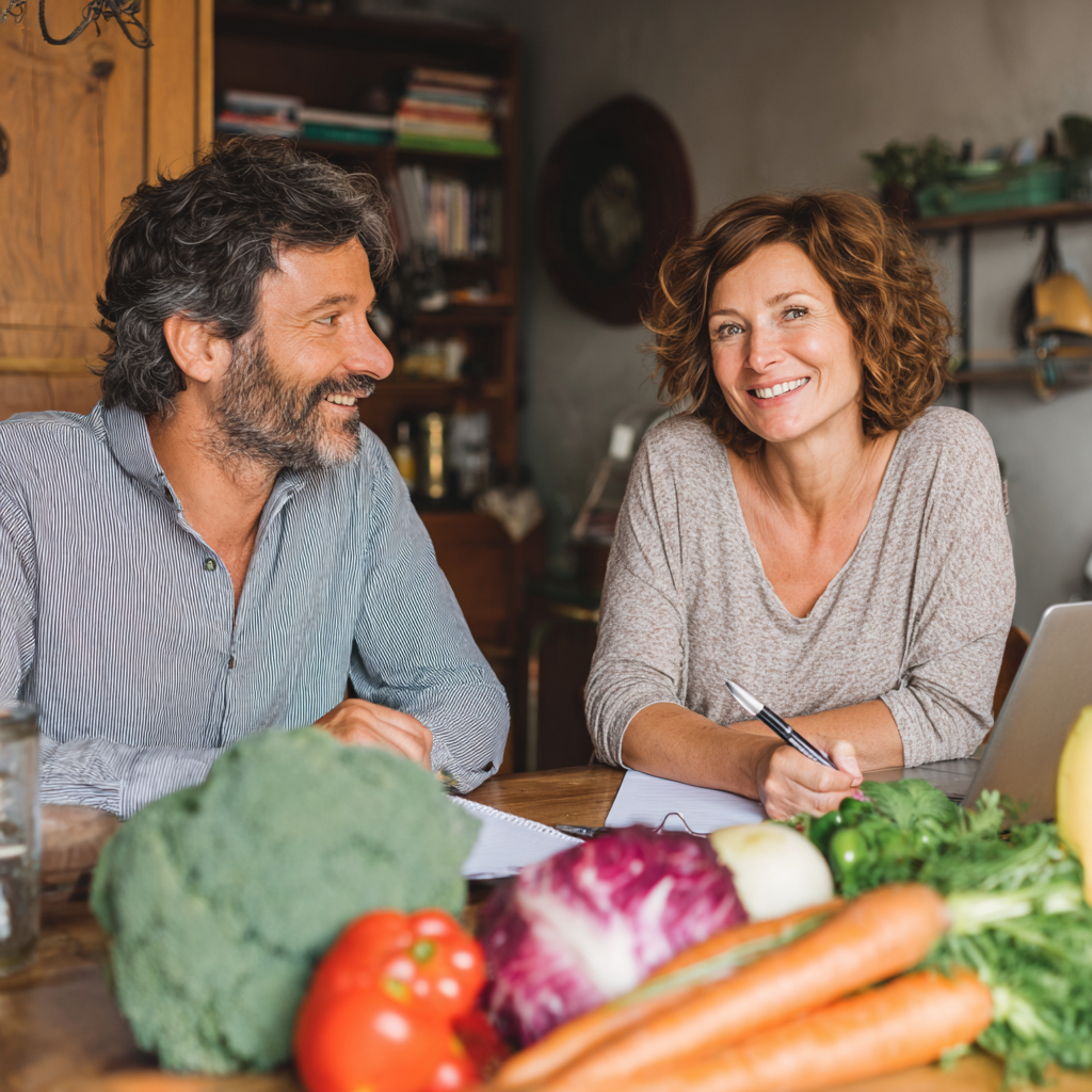 Smiling Hungarian adults of various ages enjoying healthy meal planning consultation